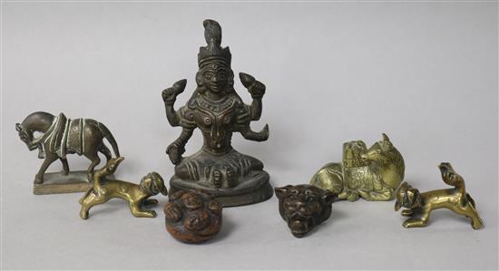 A Chinese bronze horse scroll weight and other bronze and figures